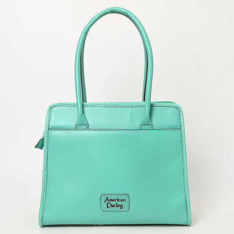 ADBGZ782 Structured Turquoise Leather Tote Handbag - Hand-Tooled Floral Western Panel