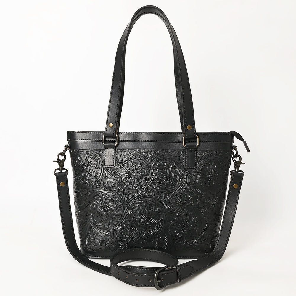 ADBGZ783A Hand-Tooled Black Leather Tote Bag - Western Floral Design with Detachable Strap