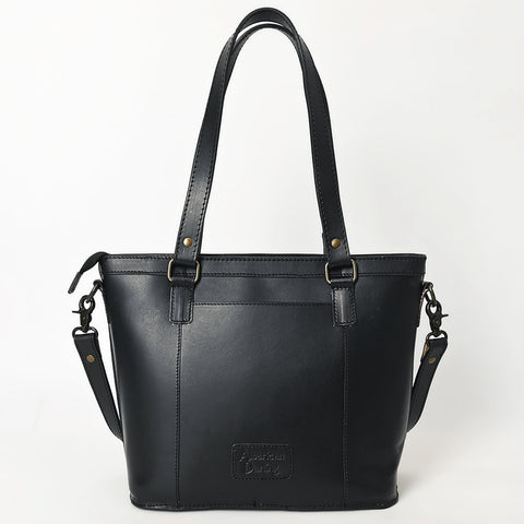 ADBGZ783A Hand-Tooled Black Leather Tote Bag - Western Floral Design with Detachable Strap