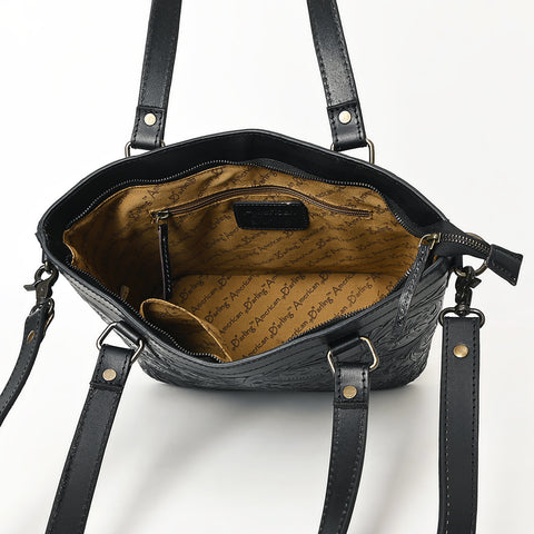 ADBGZ783A Hand-Tooled Black Leather Tote Bag - Western Floral Design with Detachable Strap
