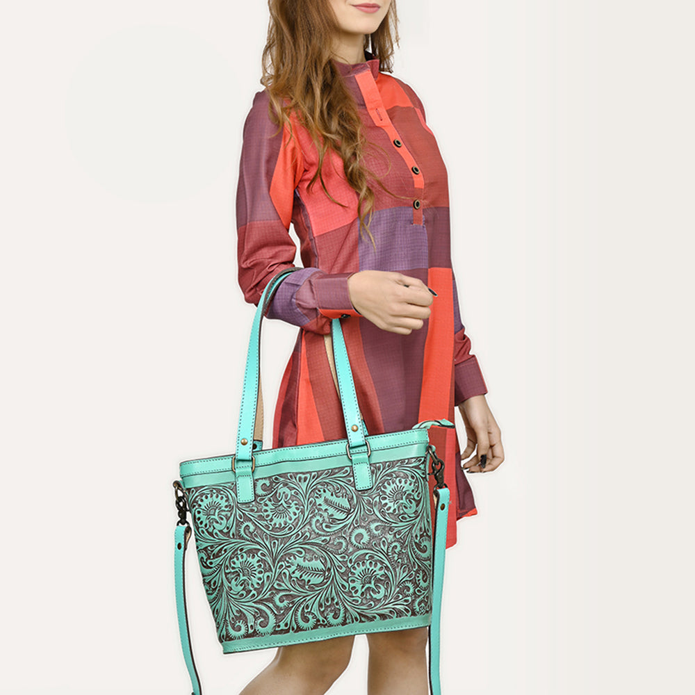 ADBGZ783 Hand-Tooled Turquoise Leather Tote Bag - Western Floral Design with Detachable Strap