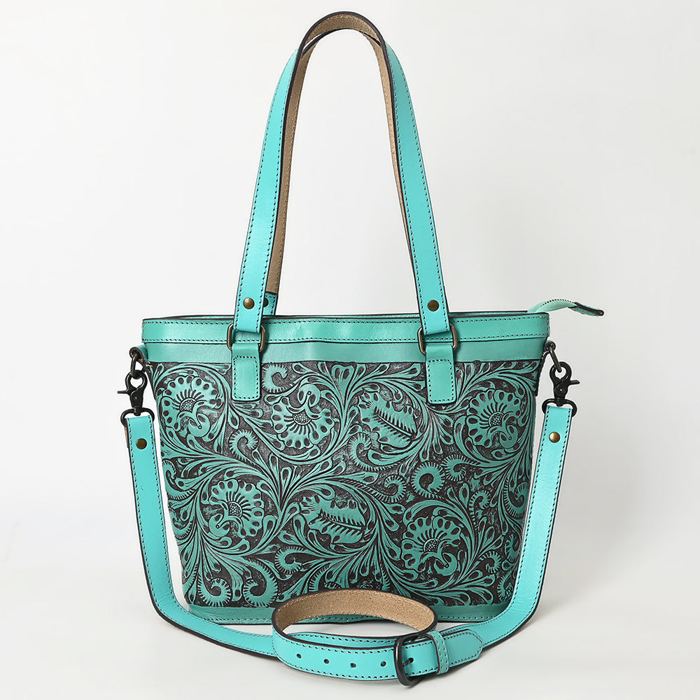 ADBGZ783 Hand-Tooled Turquoise Leather Tote Bag - Western Floral Design with Detachable Strap