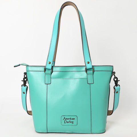 ADBGZ783 Hand-Tooled Turquoise Leather Tote Bag - Western Floral Design with Detachable Strap