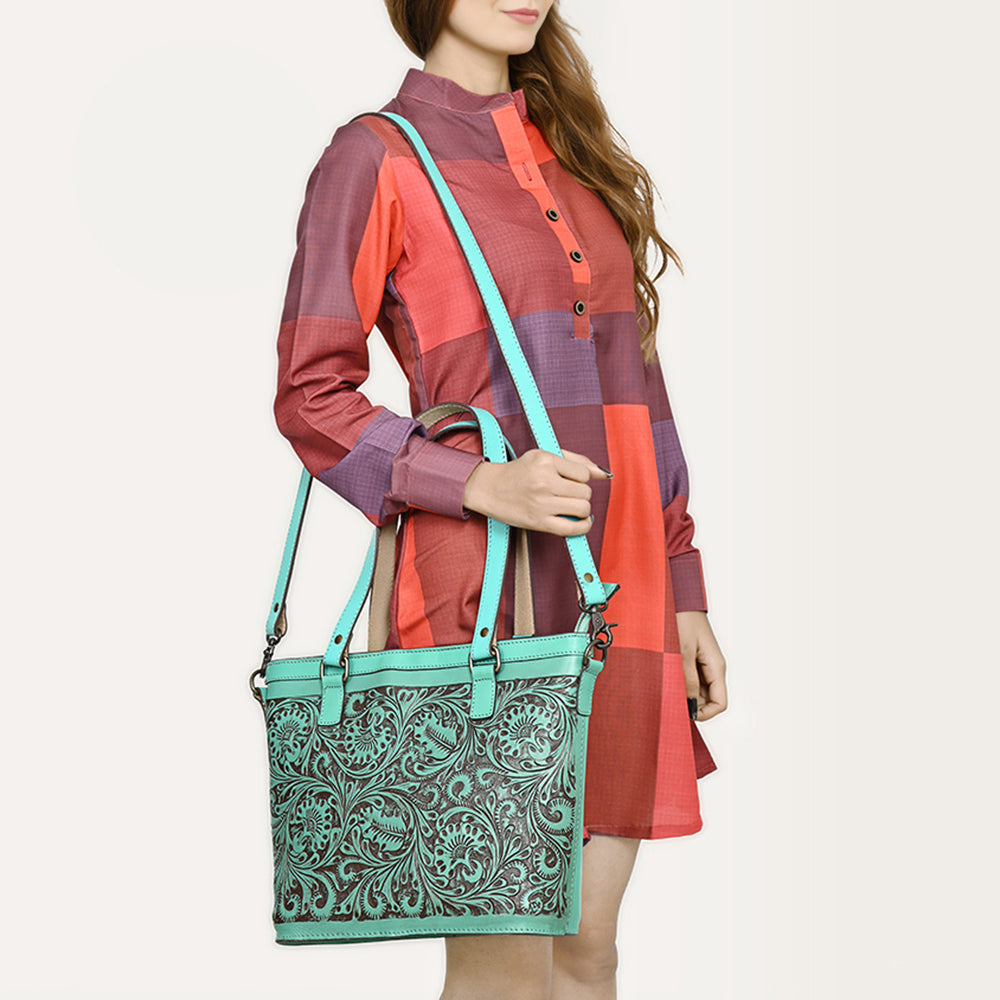 ADBGZ783 Hand-Tooled Turquoise Leather Tote Bag - Western Floral Design with Detachable Strap
