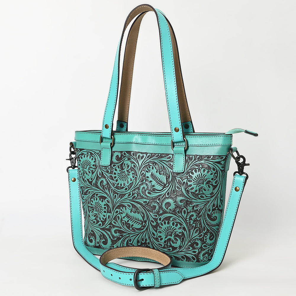 ADBGZ783 Hand-Tooled Turquoise Leather Tote Bag - Western Floral Design with Detachable Strap