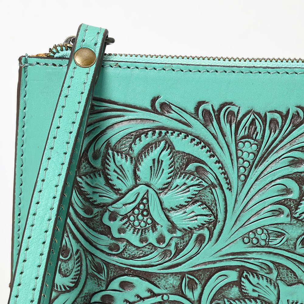 ADBGZ784 Hand-Tooled Leather Wristlet Clutch - Western Floral Design