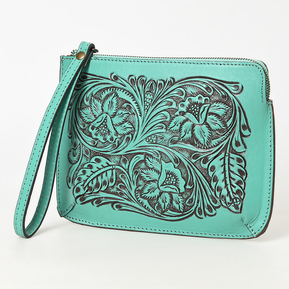 ADBGZ784 Hand-Tooled Leather Wristlet Clutch - Western Floral Design