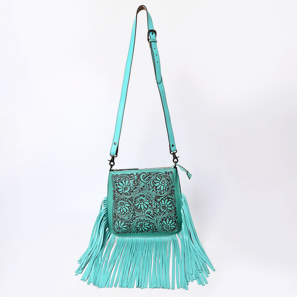 ADBGZ826 Hand-Tooled Leather Fringe Messenger Bag Western Floral Saddle Style