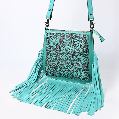 ADBGZ826 Hand-Tooled Leather Fringe Messenger Bag Western Floral Saddle Style