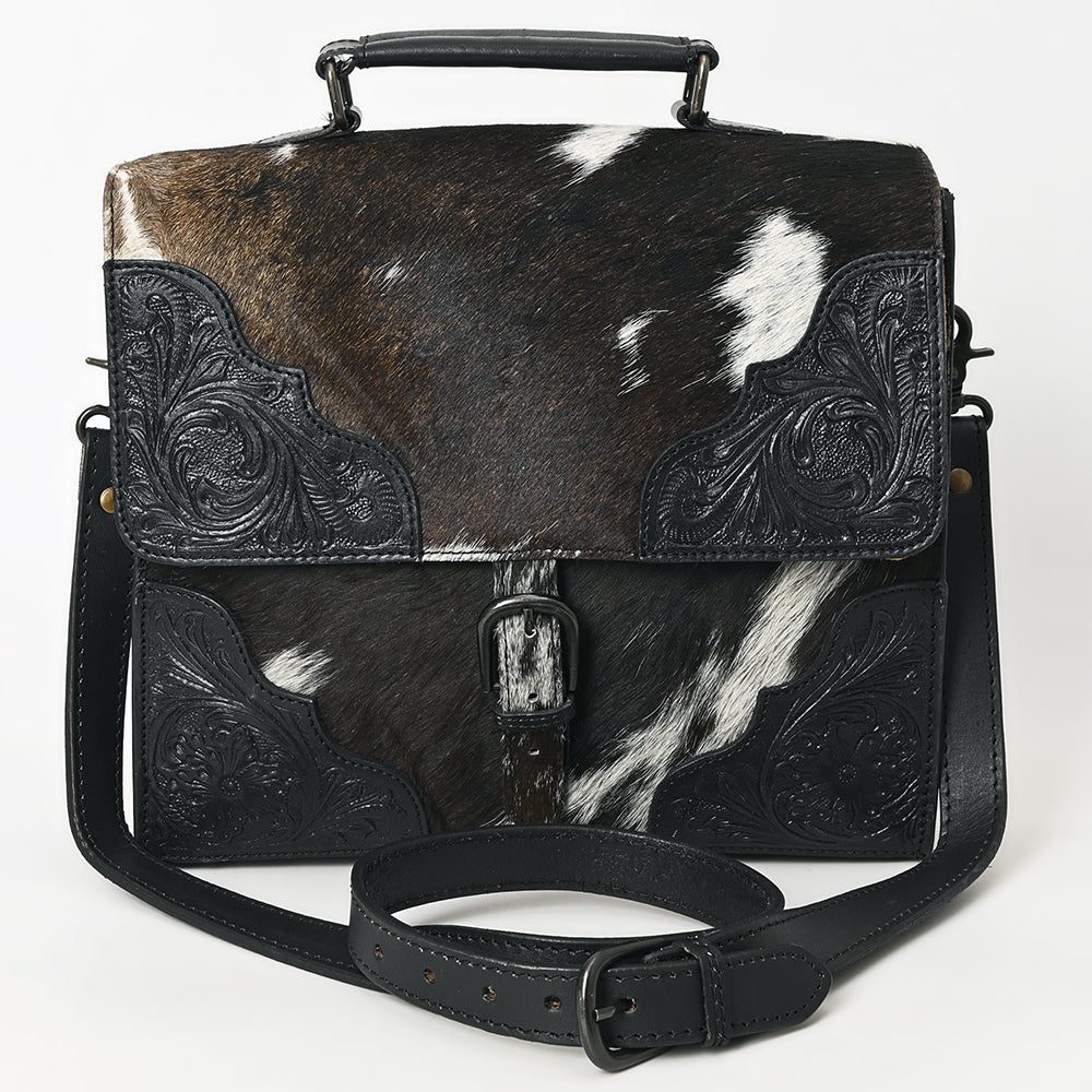 ADBGZ827A Black & White Cowhide Western Briefcase Bag Hand-Tooled Leather Trim