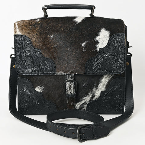 ADBGZ827A Black & White Cowhide Western Briefcase Bag Hand-Tooled Leather Trim
