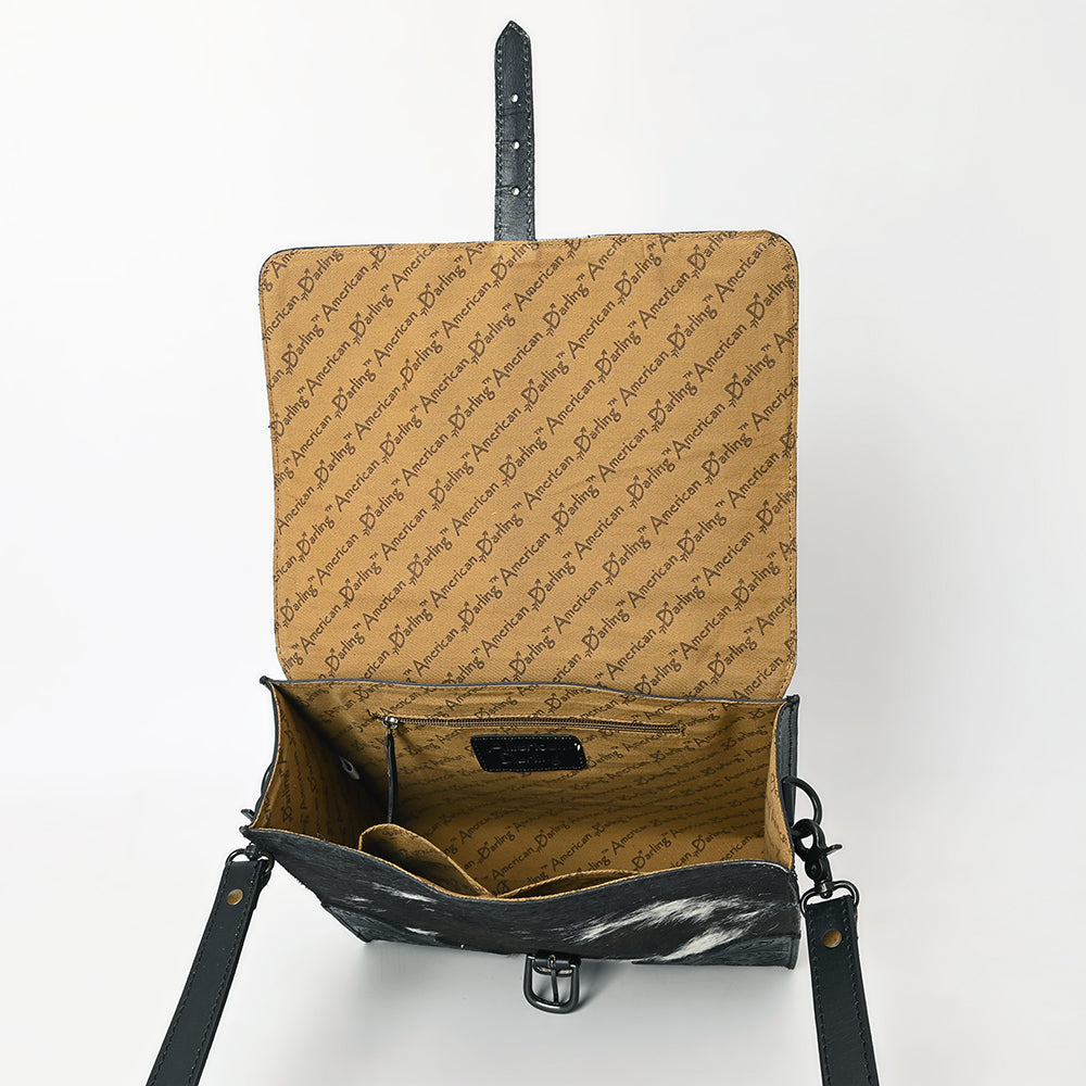 ADBGZ827A Black & White Cowhide Western Briefcase Bag Hand-Tooled Leather Trim