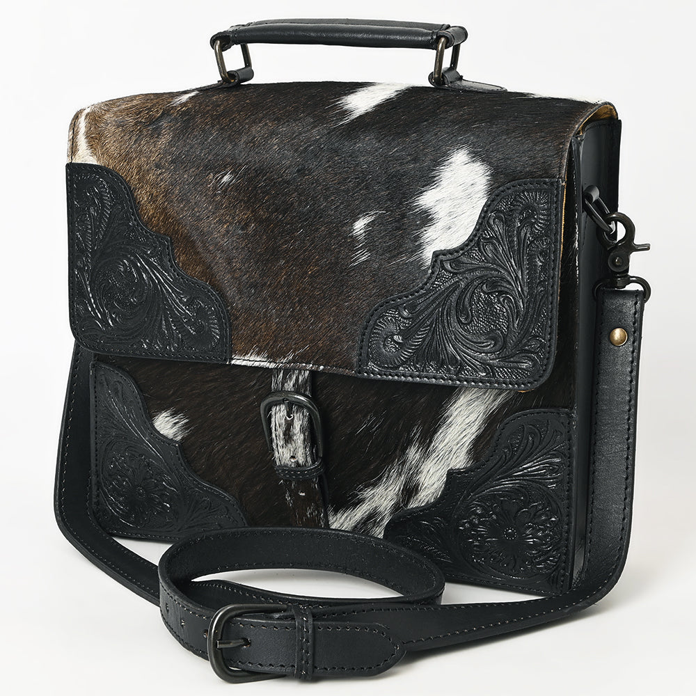 ADBGZ827A Black & White Cowhide Western Briefcase Bag Hand-Tooled Leather Trim
