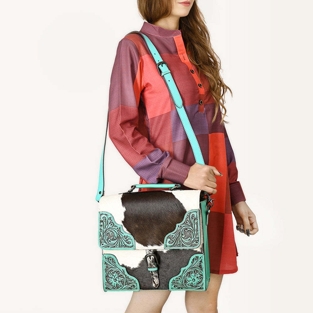ADBGZ827 Cowhide & Hand-Tooled Leather Western Briefcase Bag - Natural Hair-On with Floral Accents
