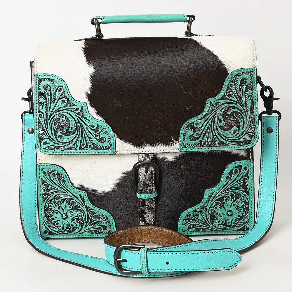 ADBGZ827 Cowhide & Hand-Tooled Leather Western Briefcase Bag - Natural Hair-On with Floral Accents