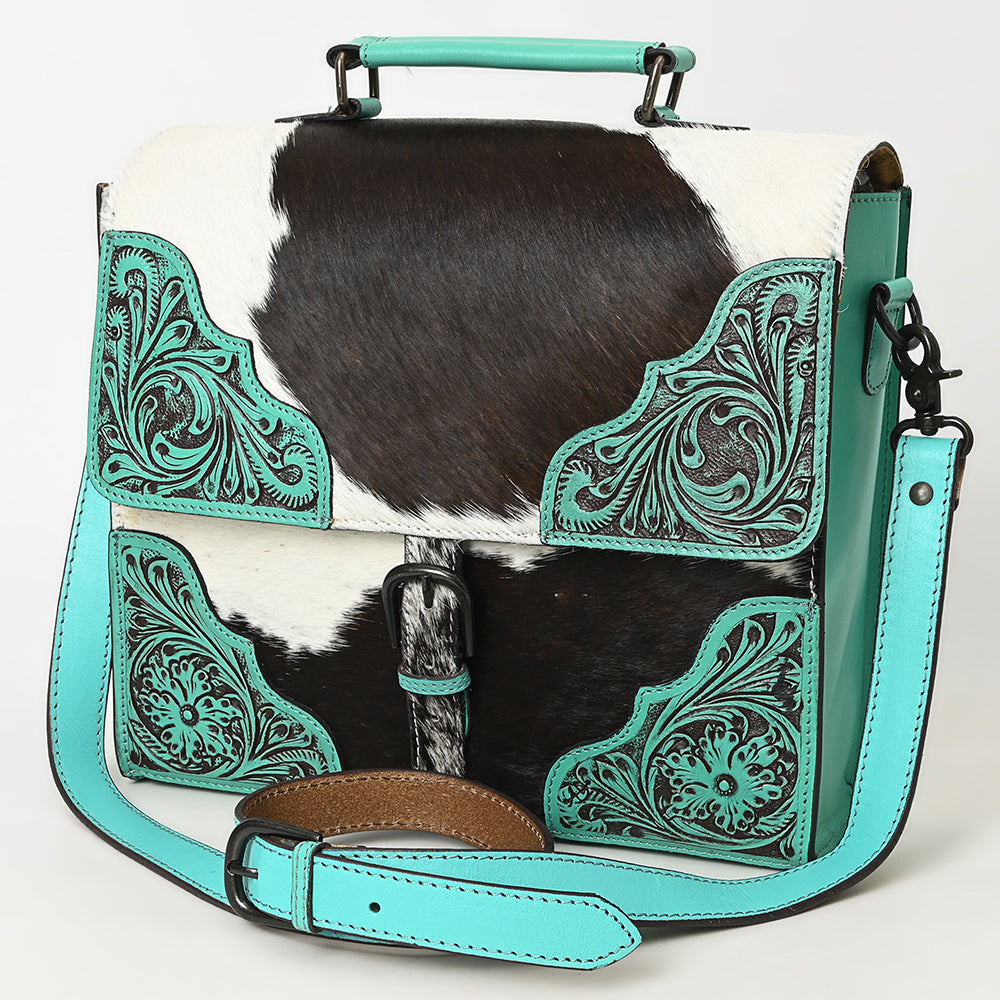 ADBGZ827 Cowhide & Hand-Tooled Leather Western Briefcase Bag - Natural Hair-On with Floral Accents