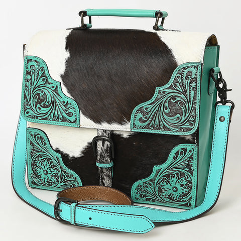 ADBGZ827 Cowhide & Hand-Tooled Leather Western Briefcase Bag - Natural Hair-On with Floral Accents