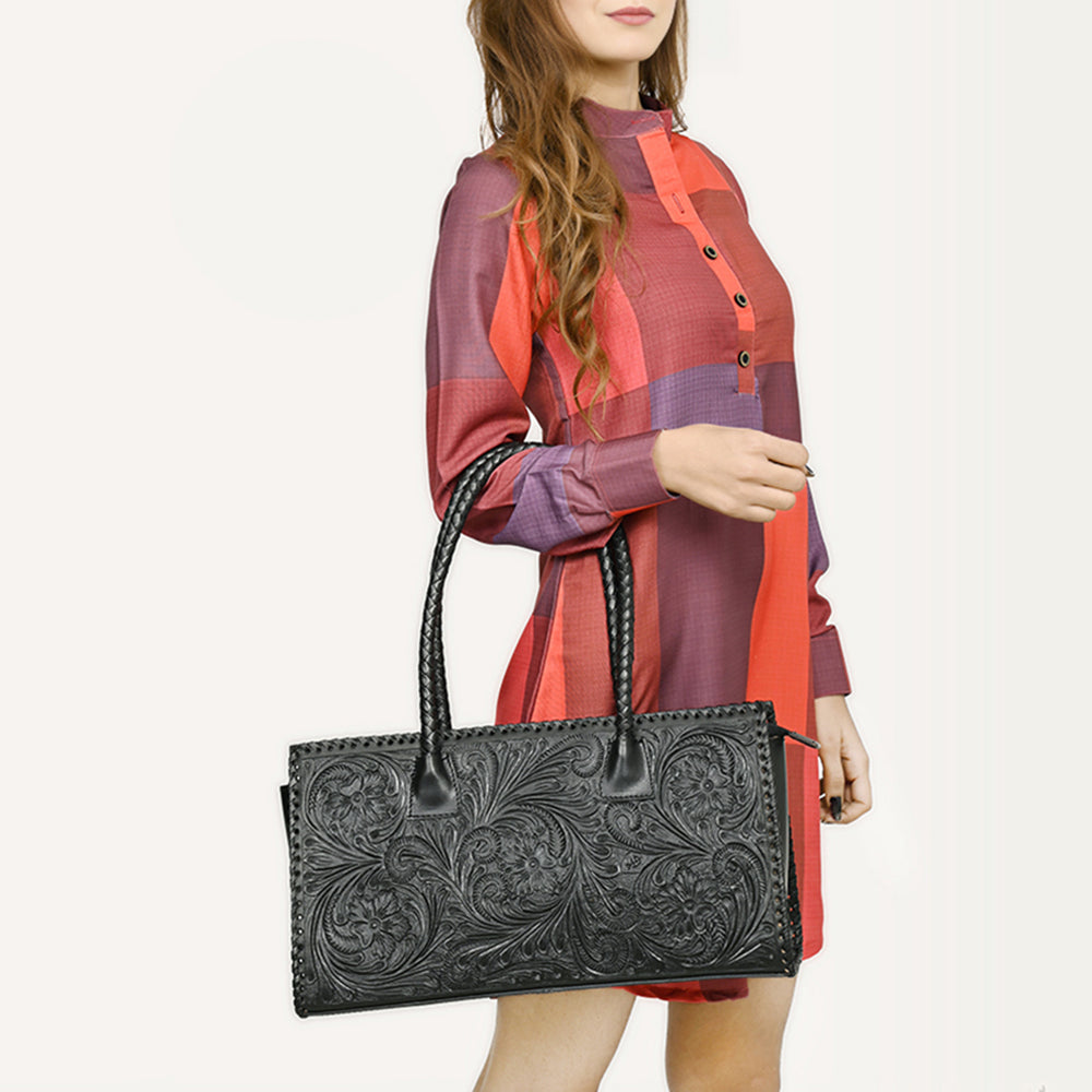 ADBGZ833A Black Hand-Tooled Leather Western Tote bag Braided Handles & Floral Carving