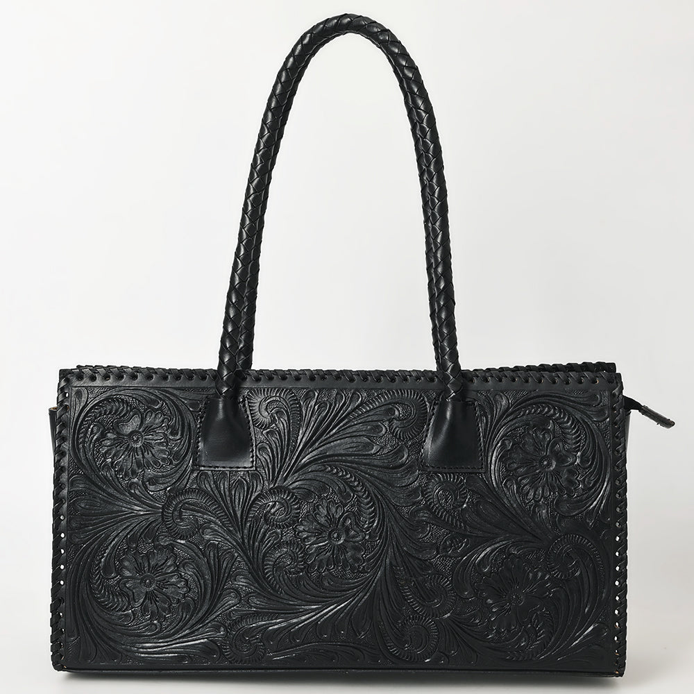 ADBGZ833A Black Hand-Tooled Leather Western Tote bag Braided Handles & Floral Carving