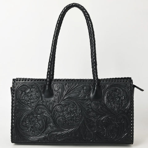ADBGZ833A Black Hand-Tooled Leather Western Tote bag Braided Handles & Floral Carving