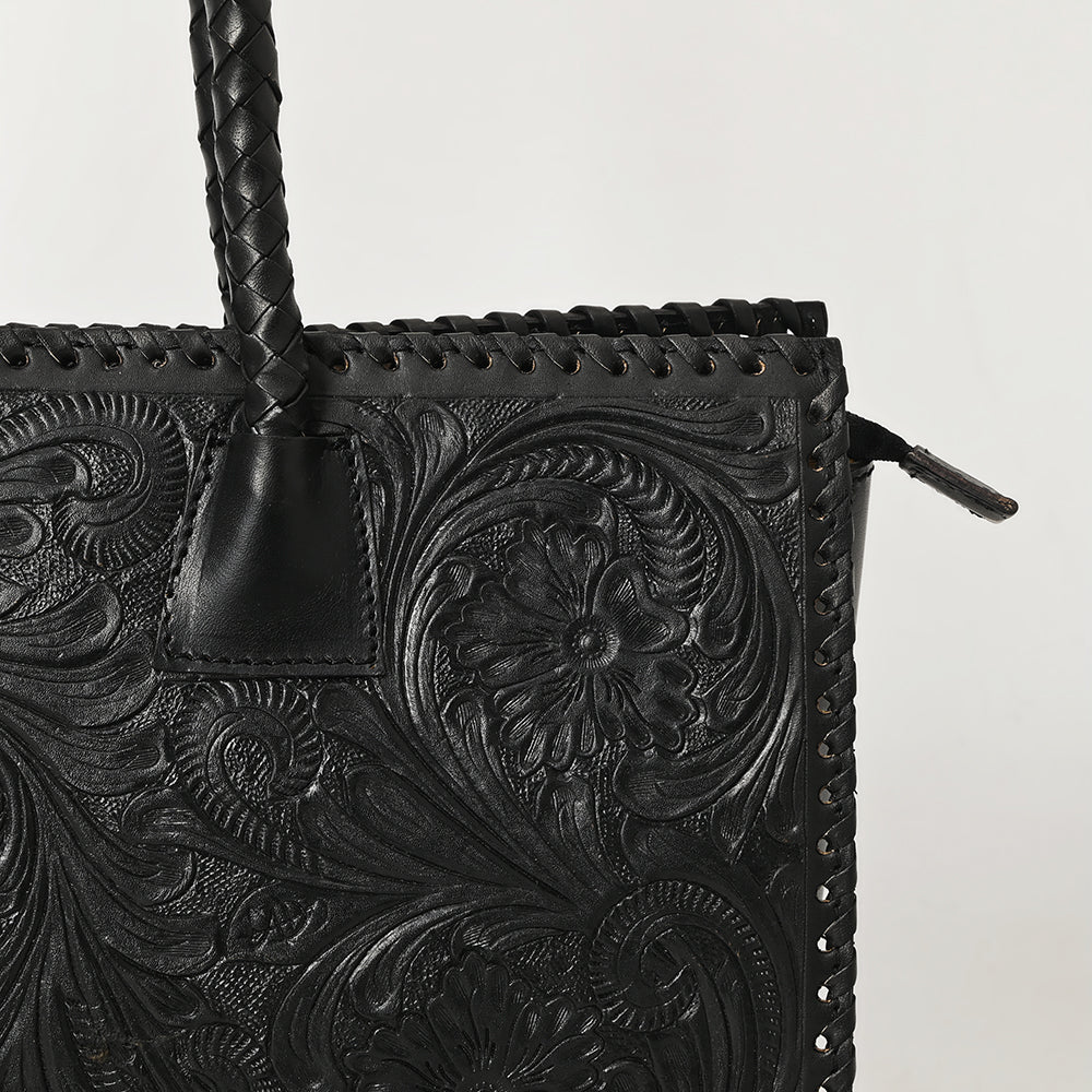 ADBGZ833A Black Hand-Tooled Leather Western Tote bag Braided Handles & Floral Carving