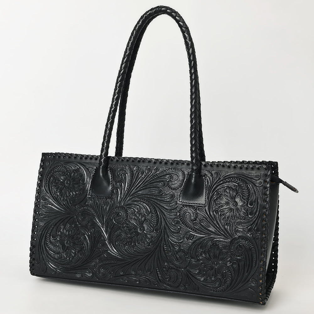 ADBGZ833A Black Hand-Tooled Leather Western Tote bag Braided Handles & Floral Carving