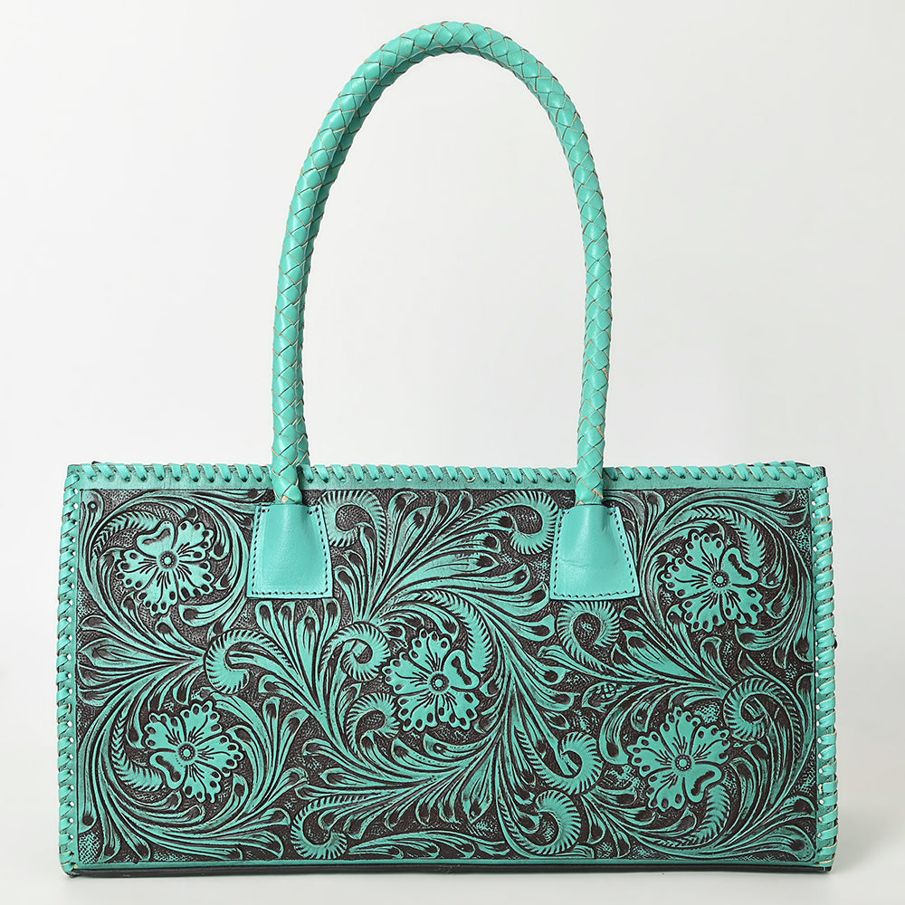 ADBGZ833 Hand-Tooled Leather Western Handbag - Floral Design with Braided Handles