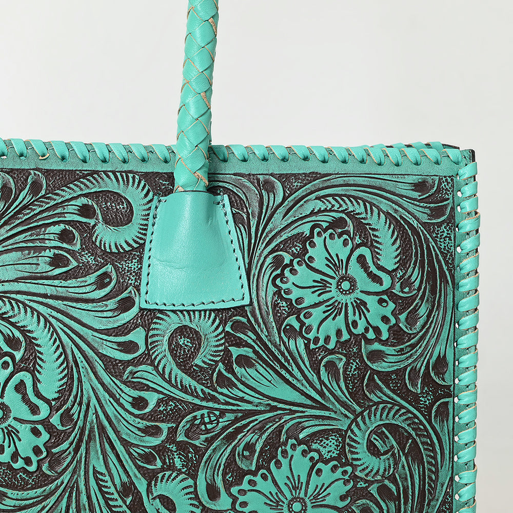 ADBGZ833 Hand-Tooled Leather Western Handbag - Floral Design with Braided Handles