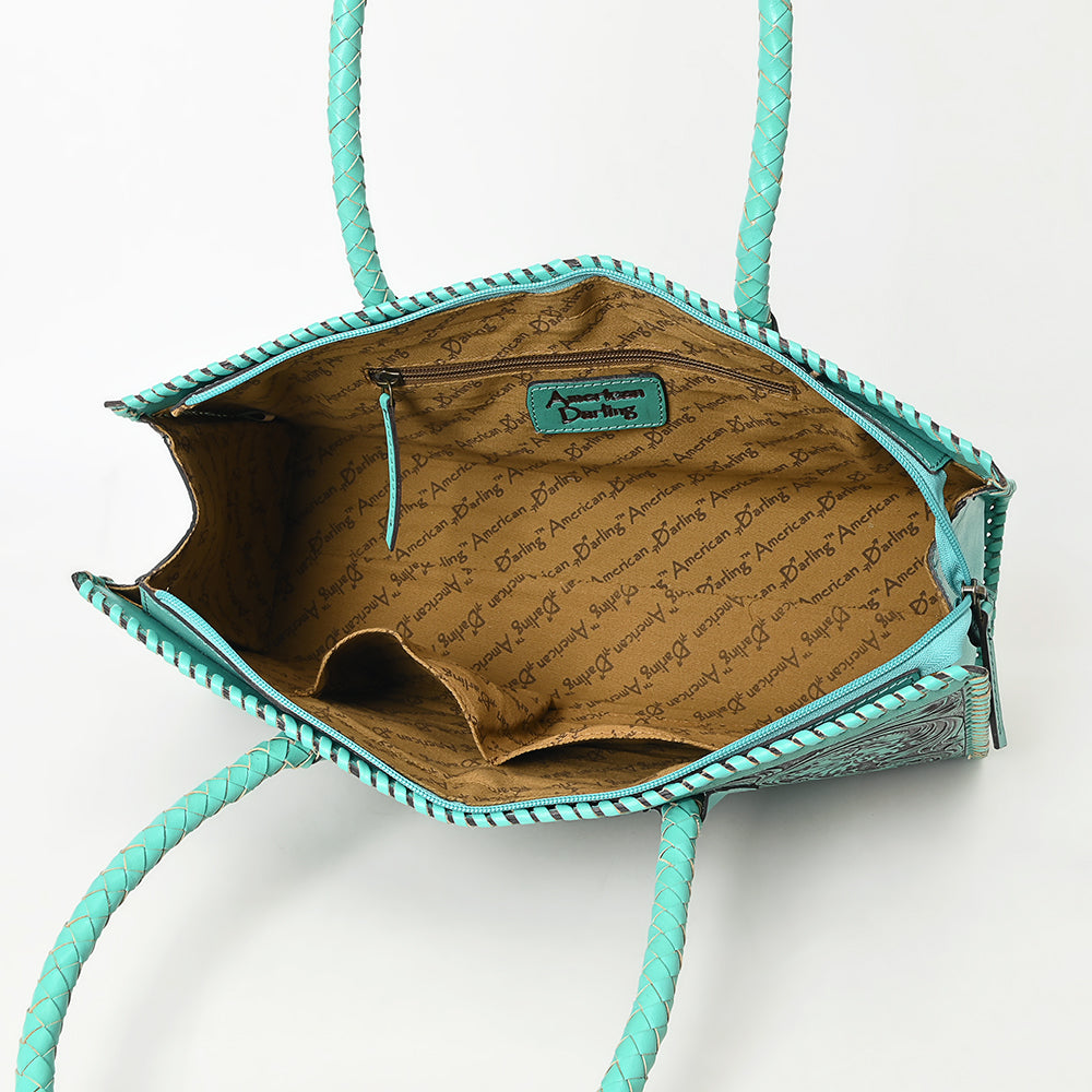 ADBGZ833 Hand-Tooled Leather Western Handbag - Floral Design with Braided Handles