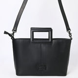 ADBGZ835A Black & White Hand-Tooled Leather Western Tote Handbag Cutout Handle & Floral Overlay