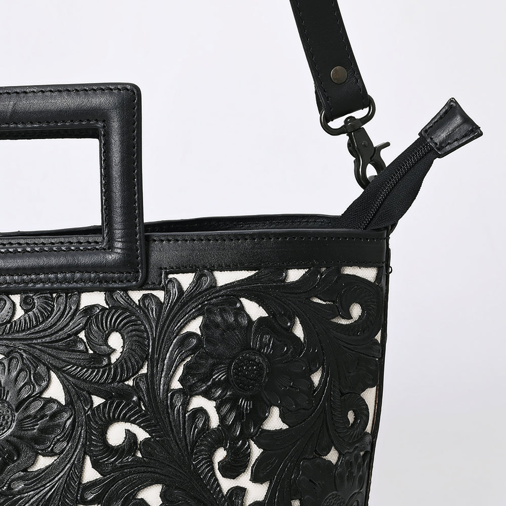 ADBGZ835A Black & White Hand-Tooled Leather Western Tote Handbag Cutout Handle & Floral Overlay