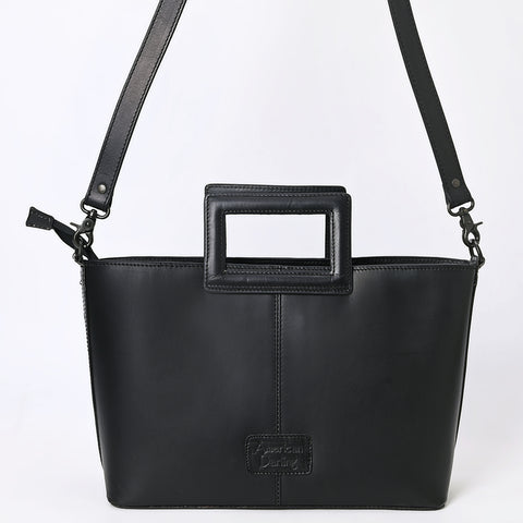 ADBGZ835A Black & White Hand-Tooled Leather Western Tote Handbag Cutout Handle & Floral Overlay