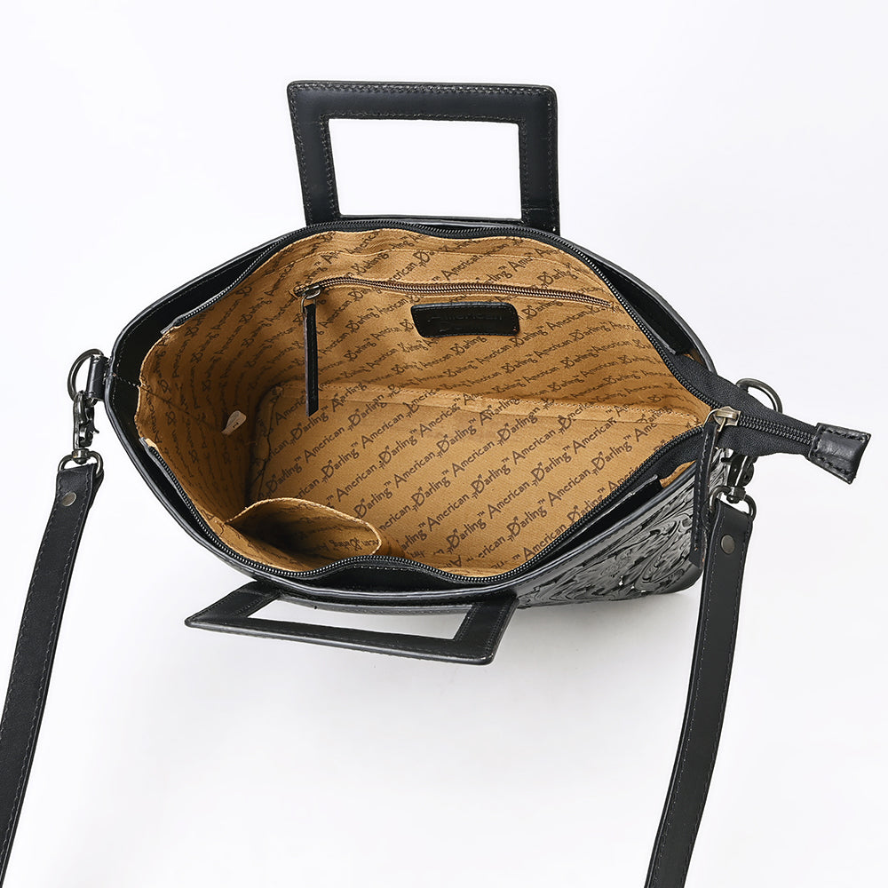 ADBGZ835A Black & White Hand-Tooled Leather Western Tote Handbag Cutout Handle & Floral Overlay