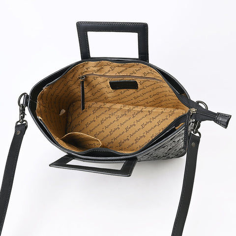 ADBGZ835A Black & White Hand-Tooled Leather Western Tote Handbag Cutout Handle & Floral Overlay