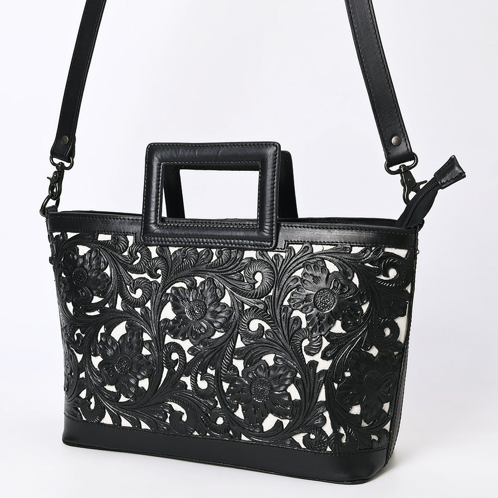 ADBGZ835A Black & White Hand-Tooled Leather Western Tote Handbag Cutout Handle & Floral Overlay