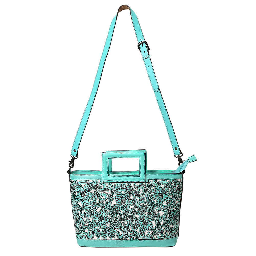 ADBGZ835 Hand-Tooled Leather Western Tote Handbag - Square Handle Design