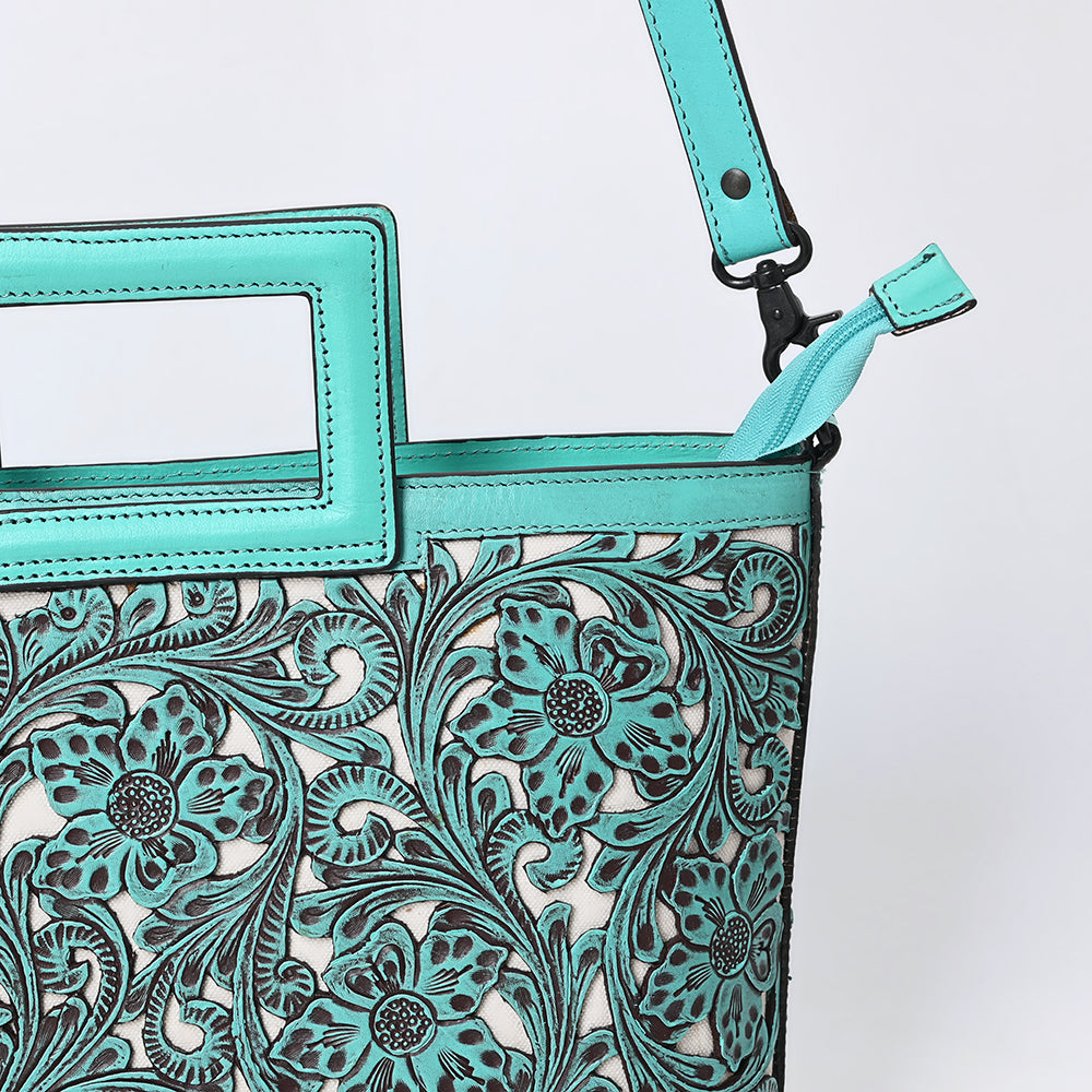 ADBGZ835 Hand-Tooled Leather Western Tote Handbag - Square Handle Design