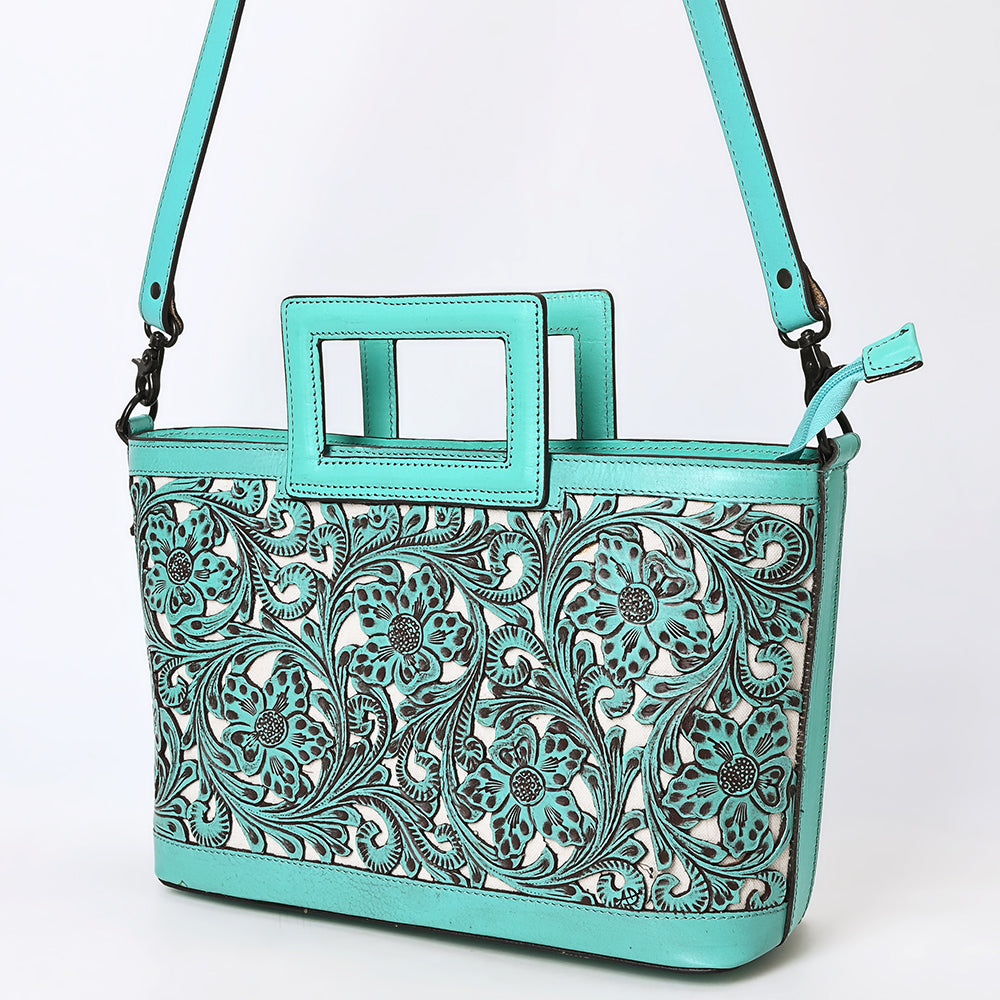 ADBGZ835 Hand-Tooled Leather Western Tote Handbag - Square Handle Design