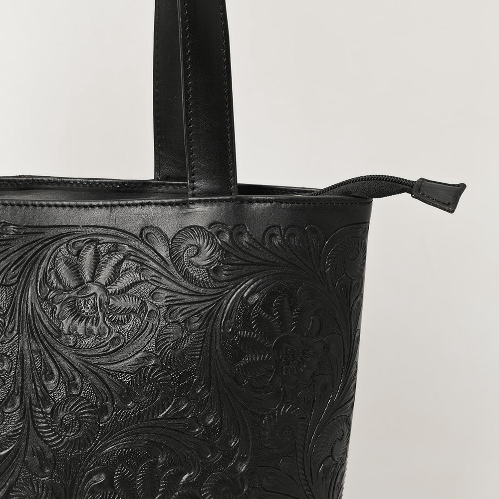 ADBGZ837A Black Hand-Tooled Leather Tote Bag Western Floral Elegance