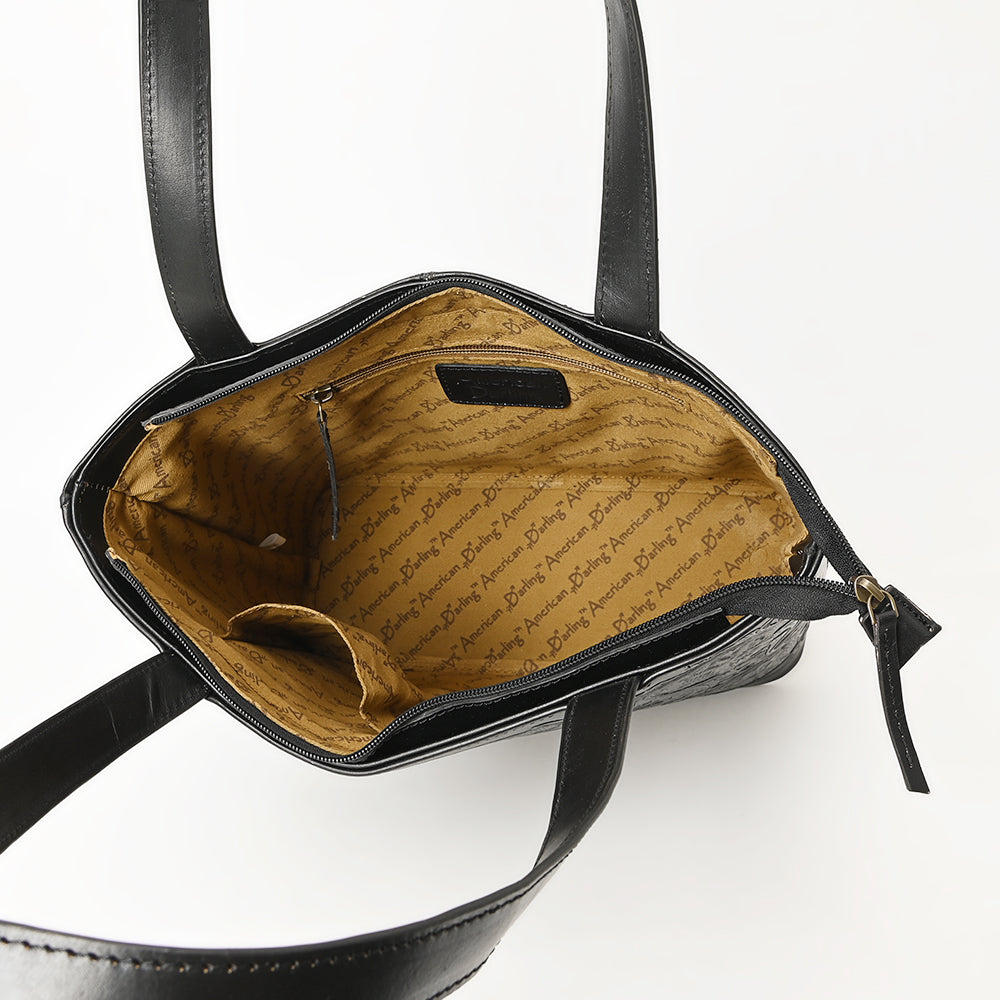 ADBGZ837A Black Hand-Tooled Leather Tote Bag Western Floral Elegance