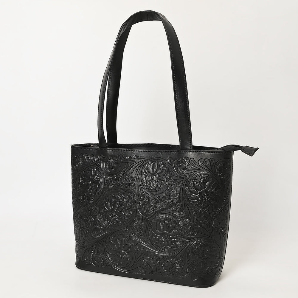 ADBGZ837A Black Hand-Tooled Leather Tote Bag Western Floral Elegance