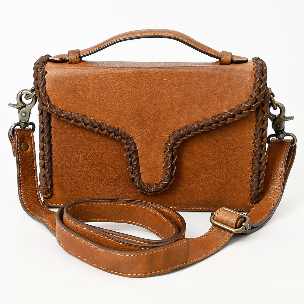 ADBGM435 Western Leather Crossbody Bag with Braided Edge & Top Handle - Genuine Tan Cowhide