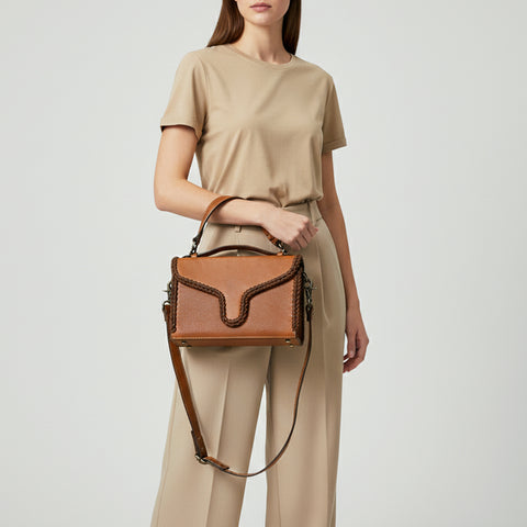 ADBGM435 Western Leather Crossbody Bag with Braided Edge & Top Handle - Genuine Tan Cowhide