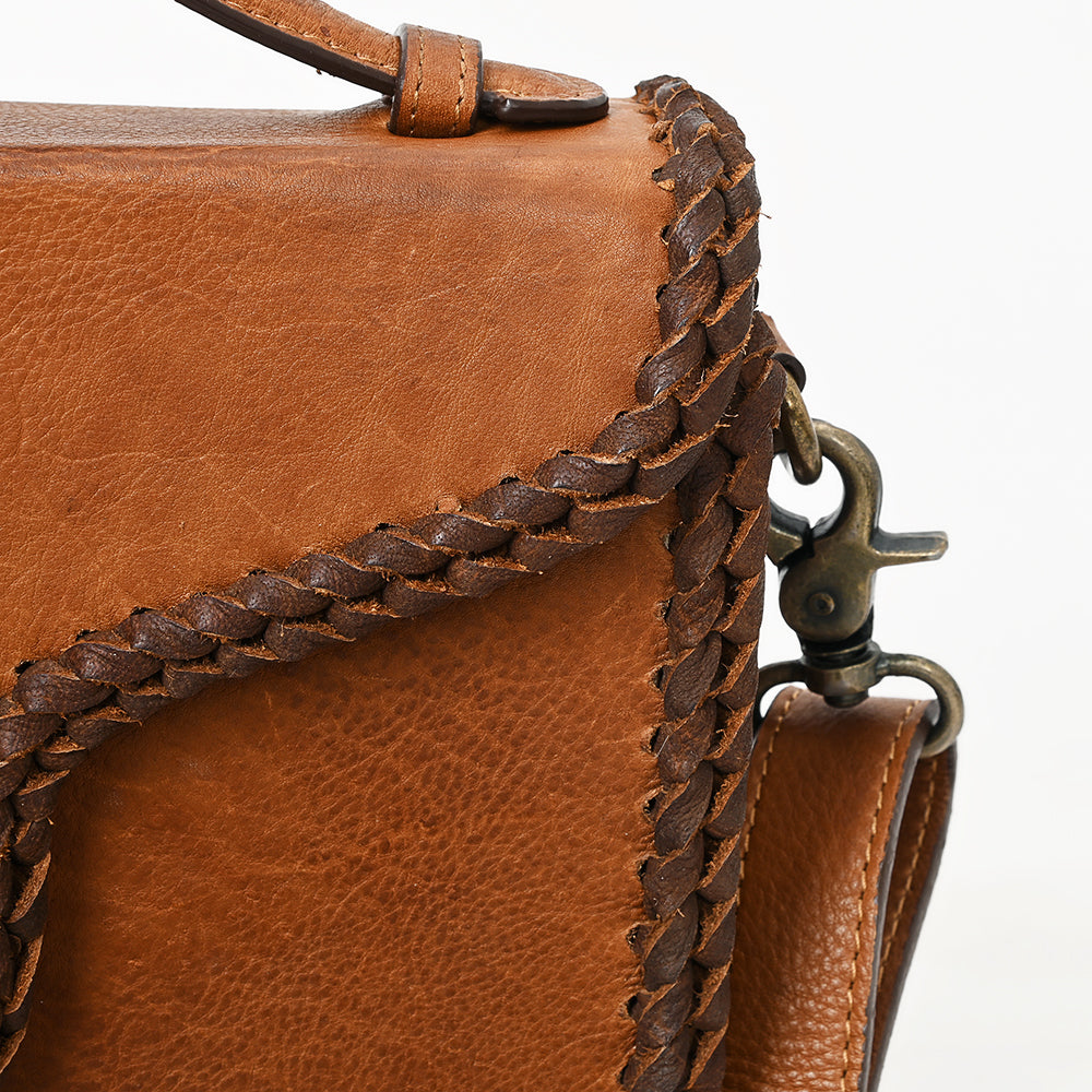 ADBGM435 Western Leather Crossbody Bag with Braided Edge & Top Handle - Genuine Tan Cowhide
