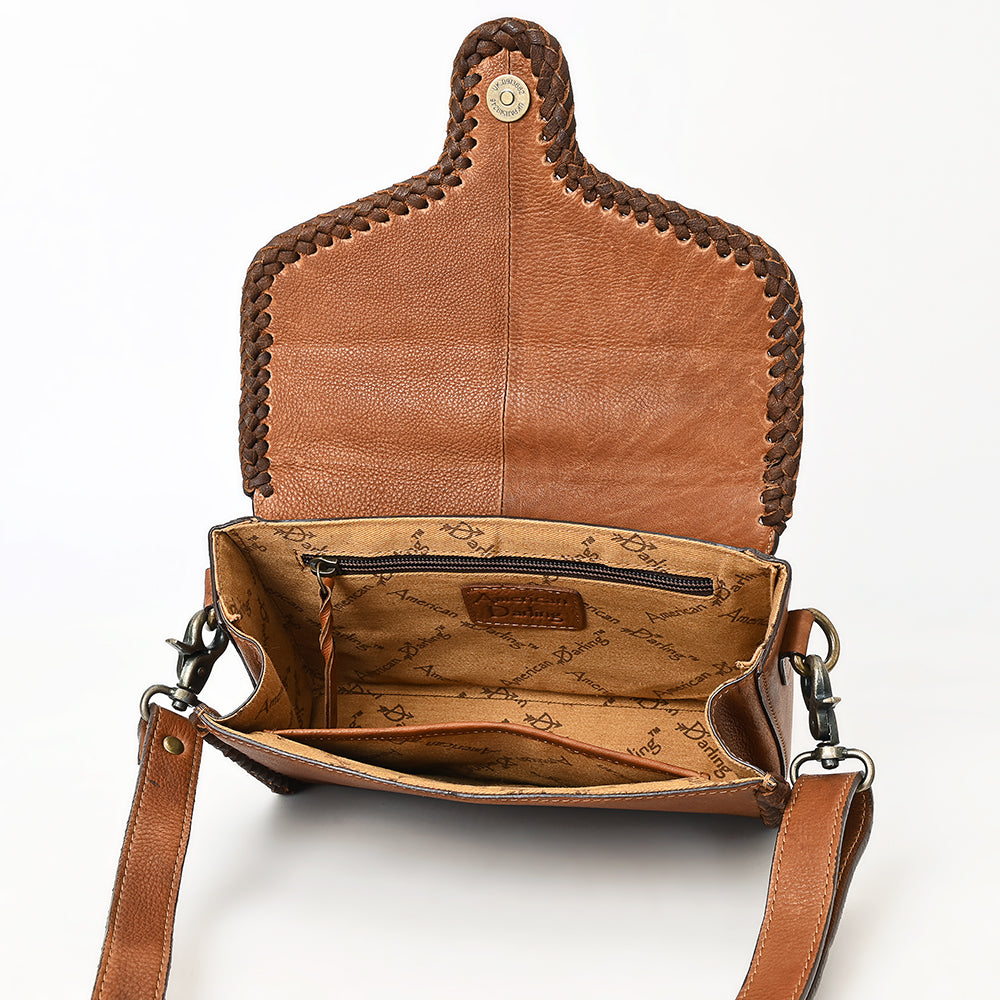 ADBGM435 Western Leather Crossbody Bag with Braided Edge & Top Handle - Genuine Tan Cowhide