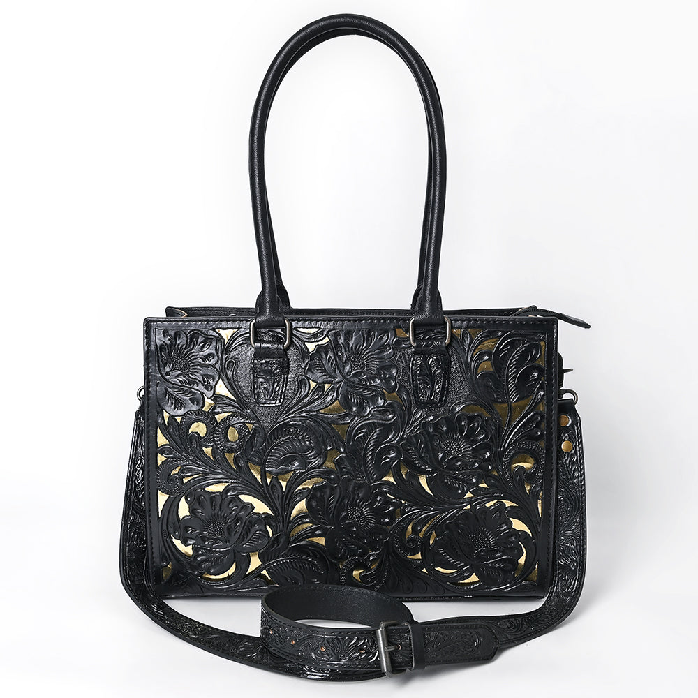 ADBG1492 Black & Gold Hand-Tooled Leather Tote Bag - Western Floral Design