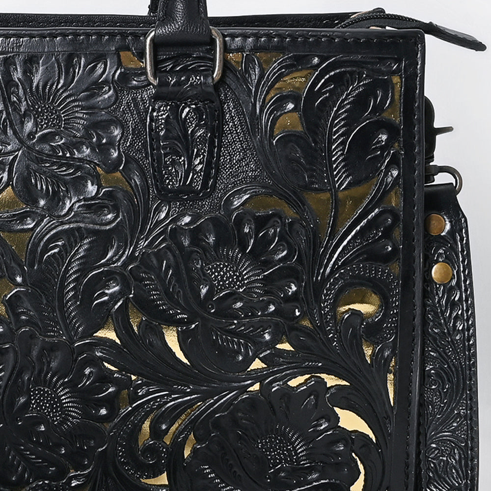 ADBG1492 Black & Gold Hand-Tooled Leather Tote Bag - Western Floral Design