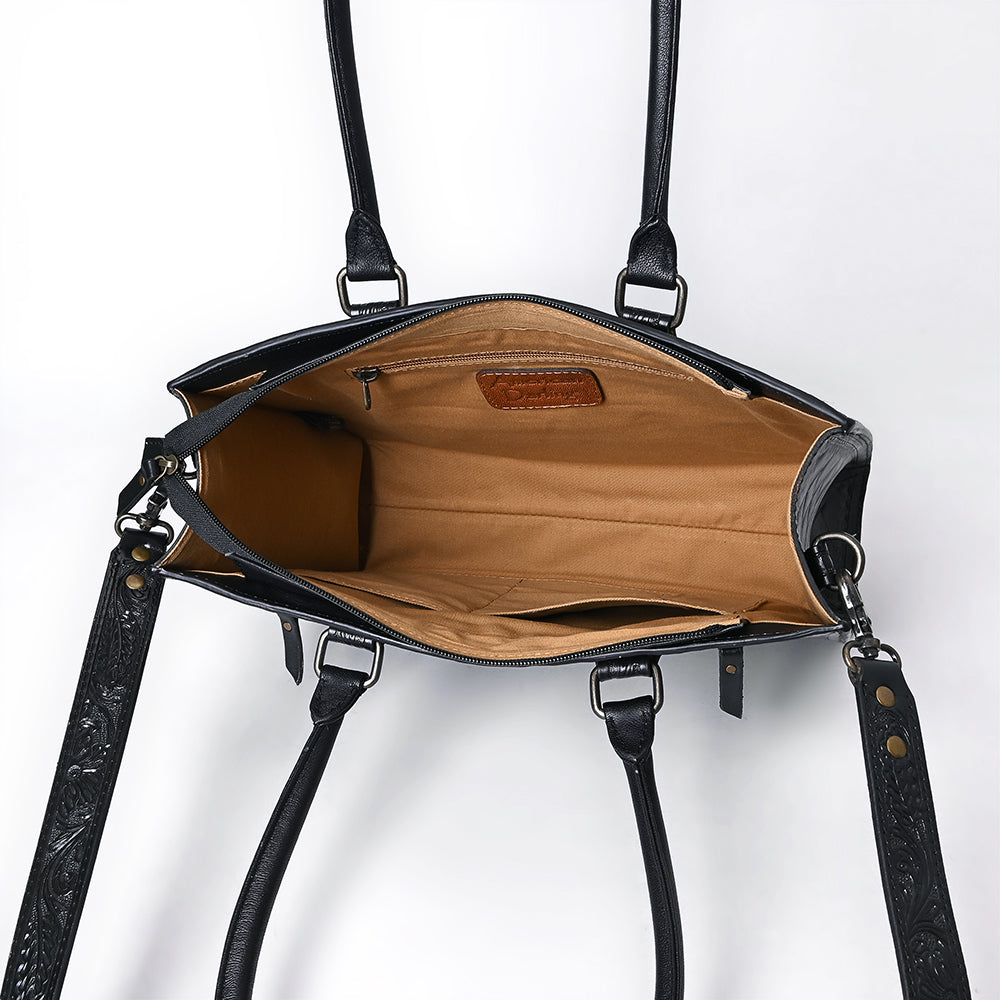 ADBG1492 Black & Gold Hand-Tooled Leather Tote Bag - Western Floral Design