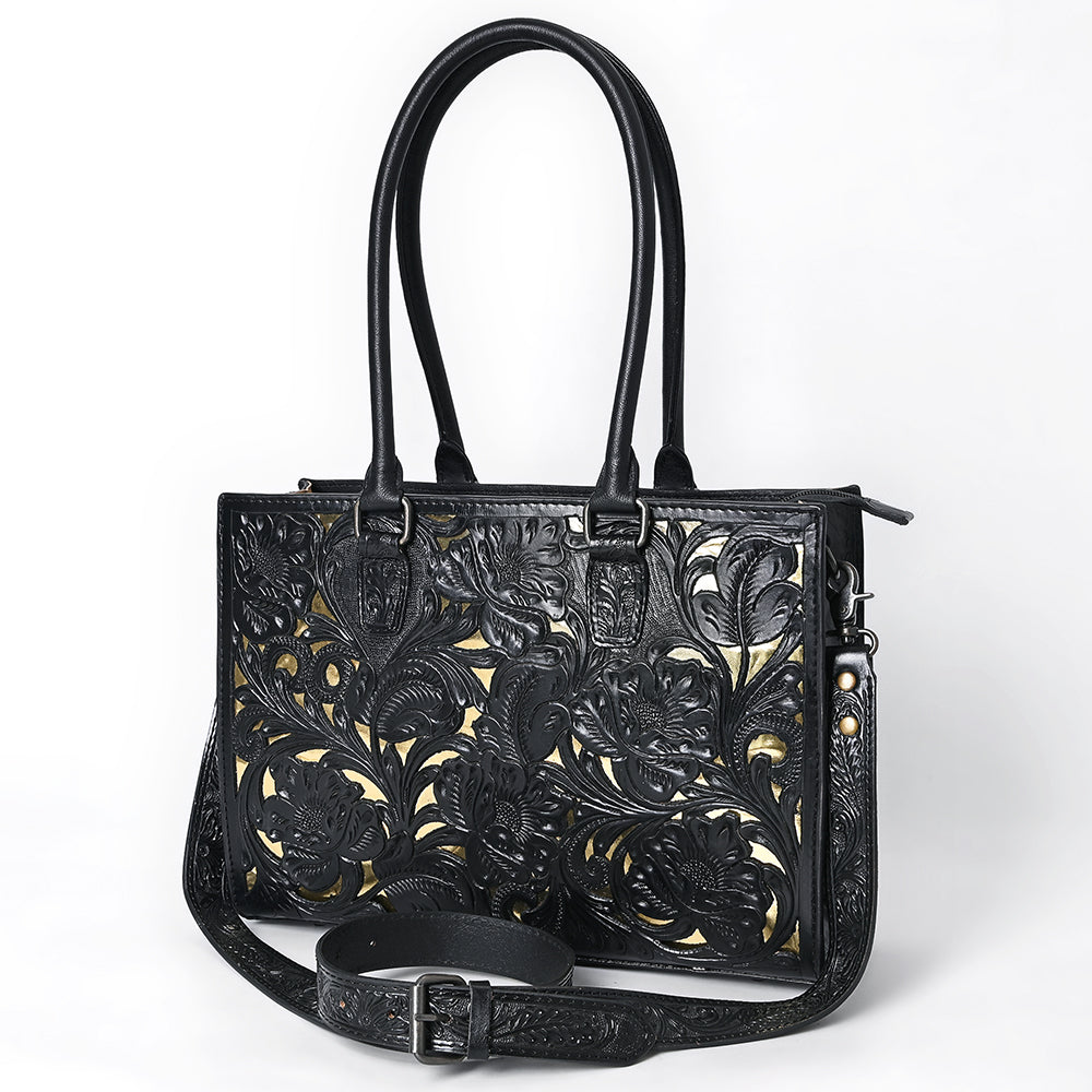 ADBG1492 Black & Gold Hand-Tooled Leather Tote Bag - Western Floral Design
