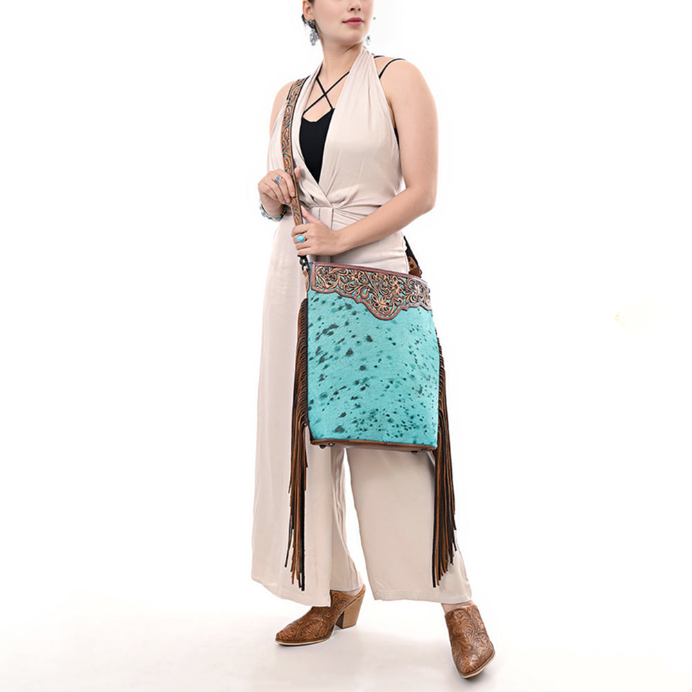 ADBG1493 Turquoise Hair-On Cowhide Western Crossbody Bag with Hand Tooled Floral Leather & Fringes - American Darling